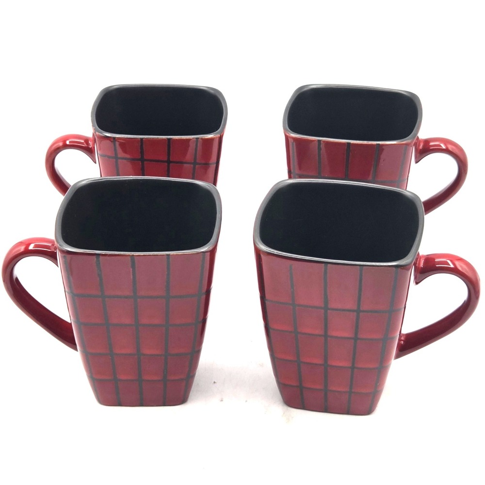 Home Tamarask Stoneware Mugs Lot of 4 Red & Black Brick Pattern SQUARE Shaped